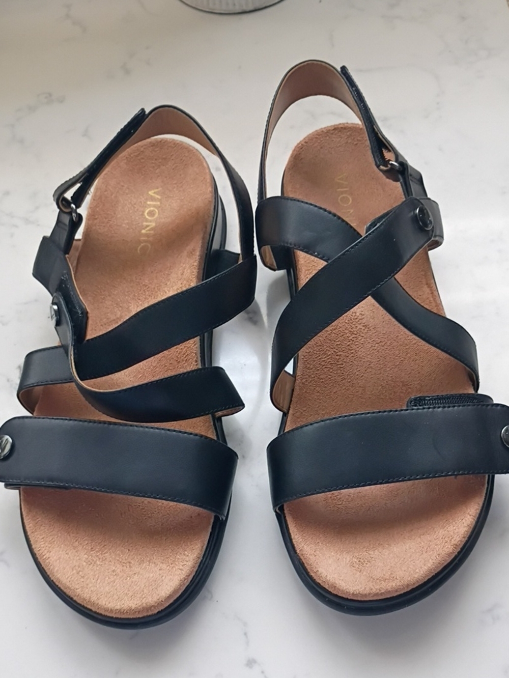 Vionic Black Leather Strappy Slingback Sandals